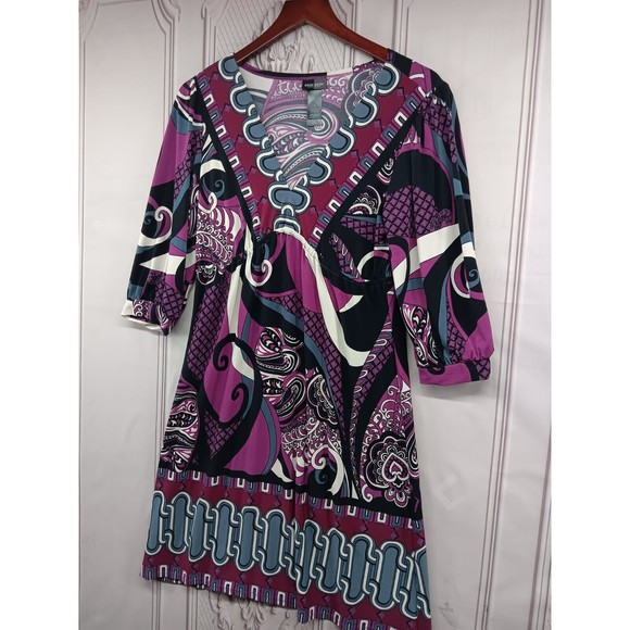 Bisou Bisou Dress Women's SZ 6 Stretch V-Neck High Waist Puff Sleeves Paisley EC - Picture 2 of 16